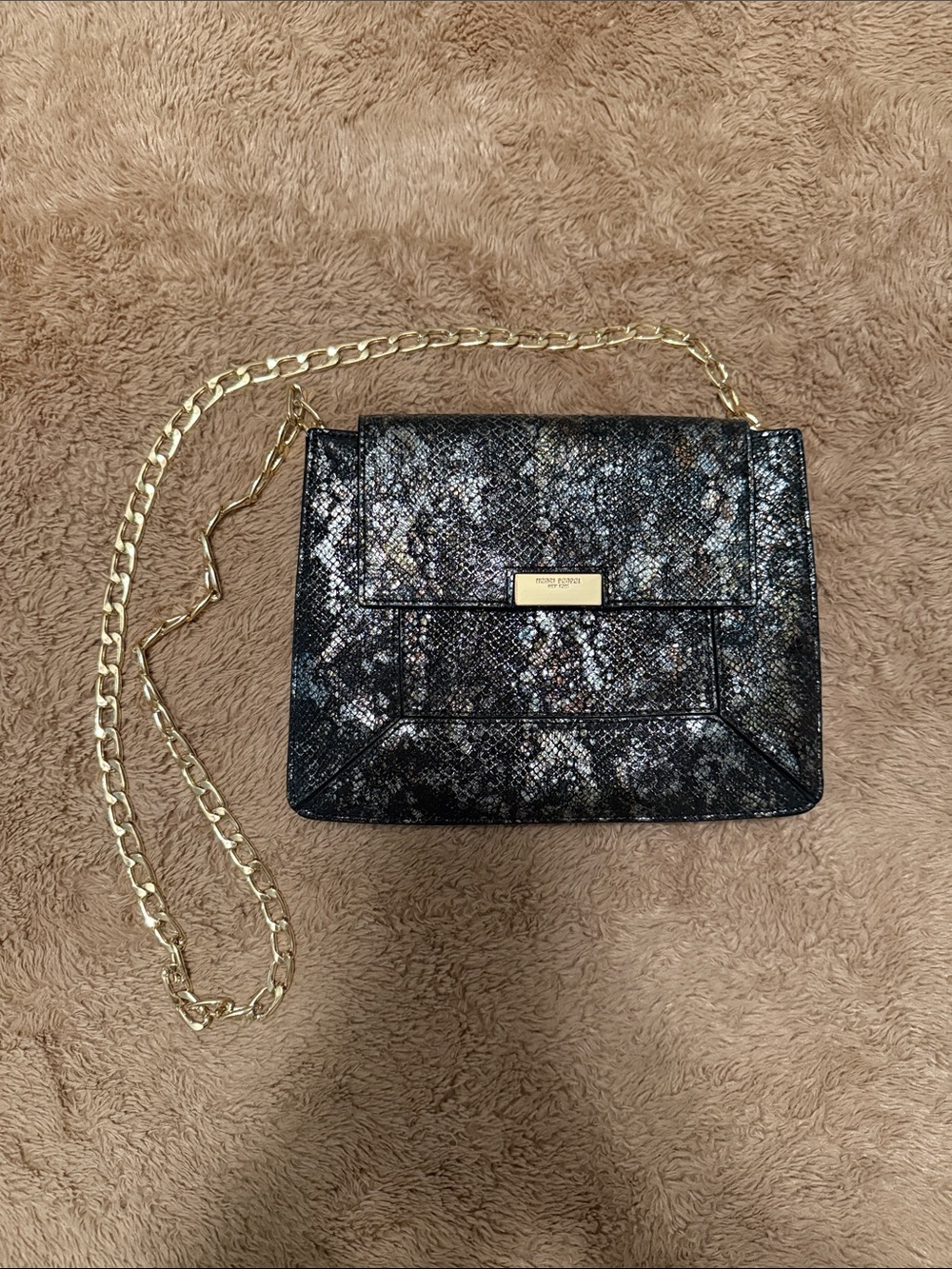 henri bendel Metallic Black Snakeskin-Effect Crossbody with Gold Chain